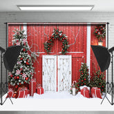 Lofaris Rot Holz Wand Tür Kranz Schnee Weihnachten Hintergrund